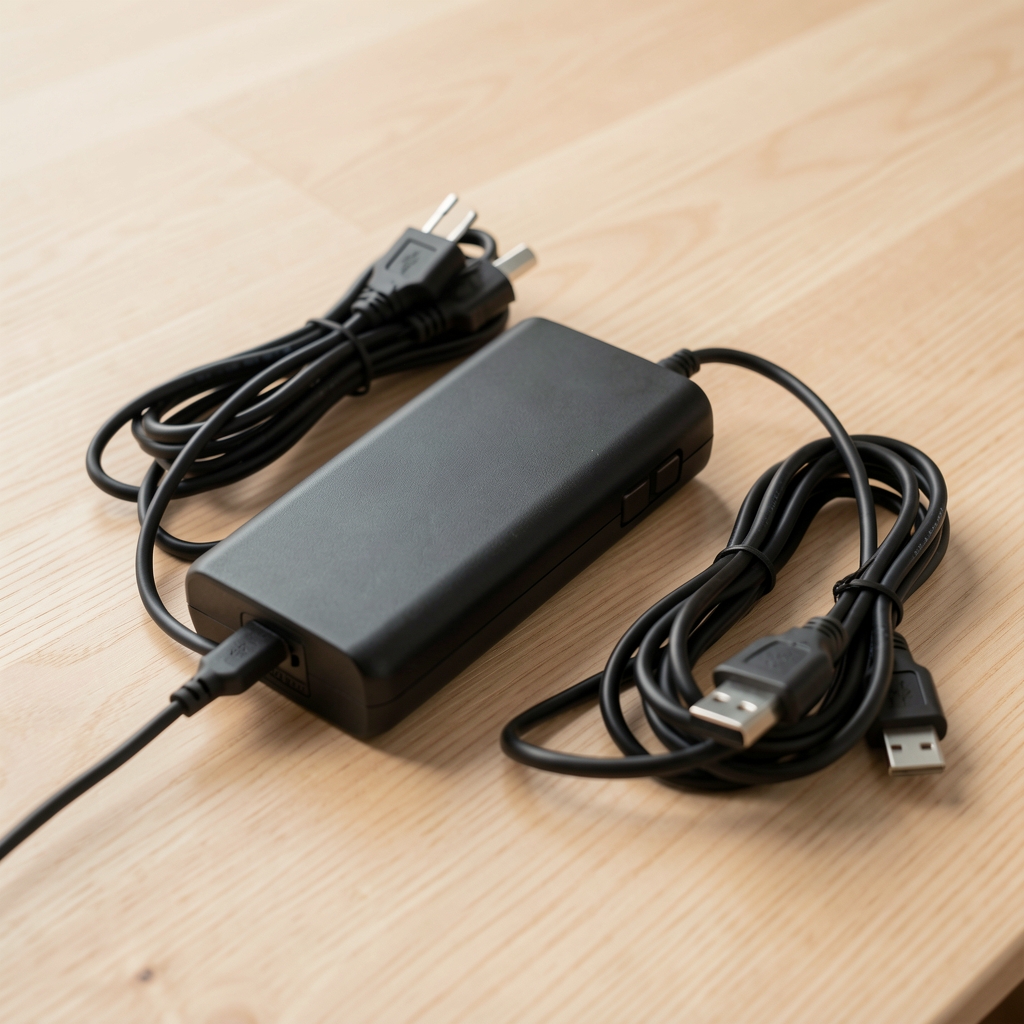Batería portátil y cables de carga sobre superficie de madera clara