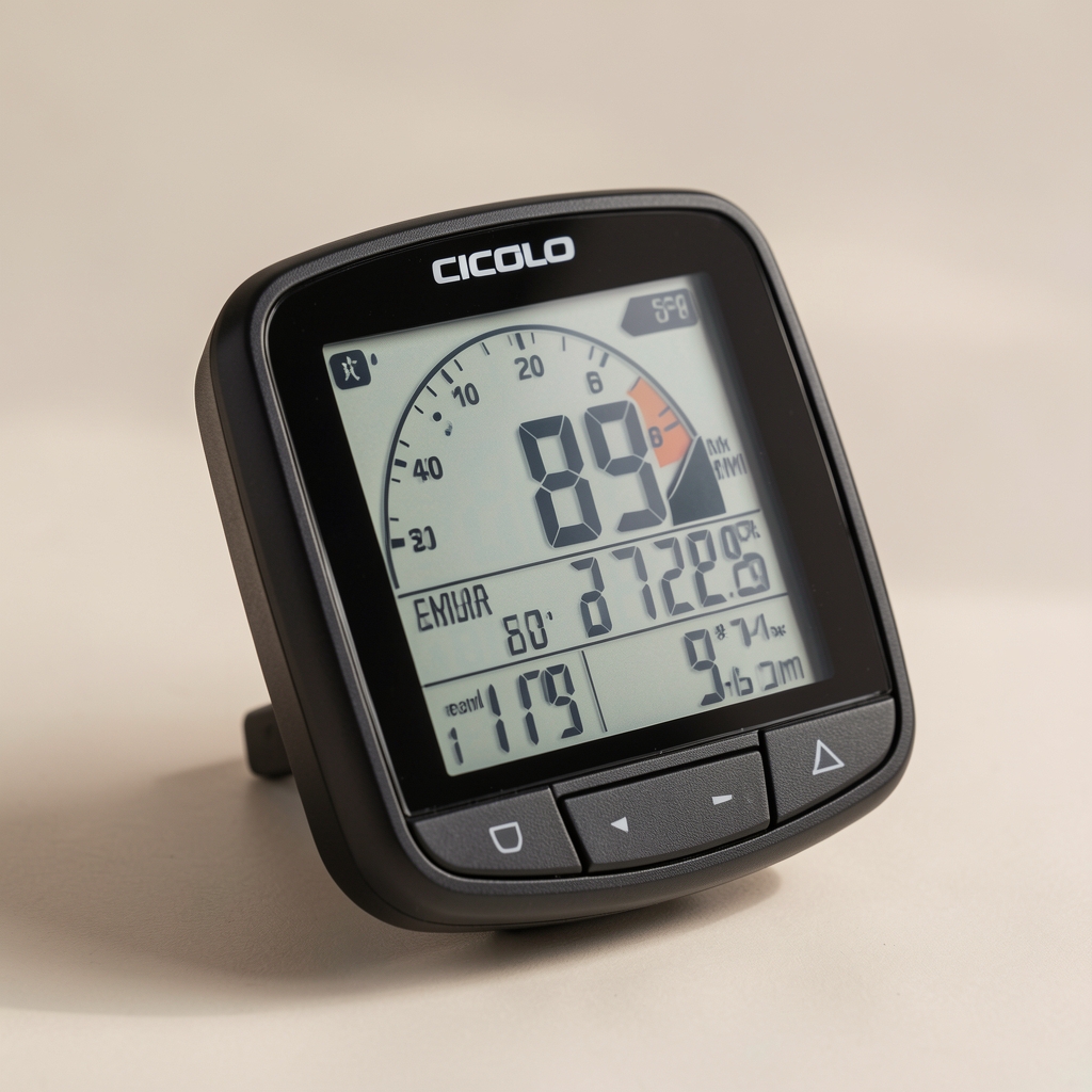 Ciclocomputador con pantalla de datos de velocidad y distancia en primer plano
