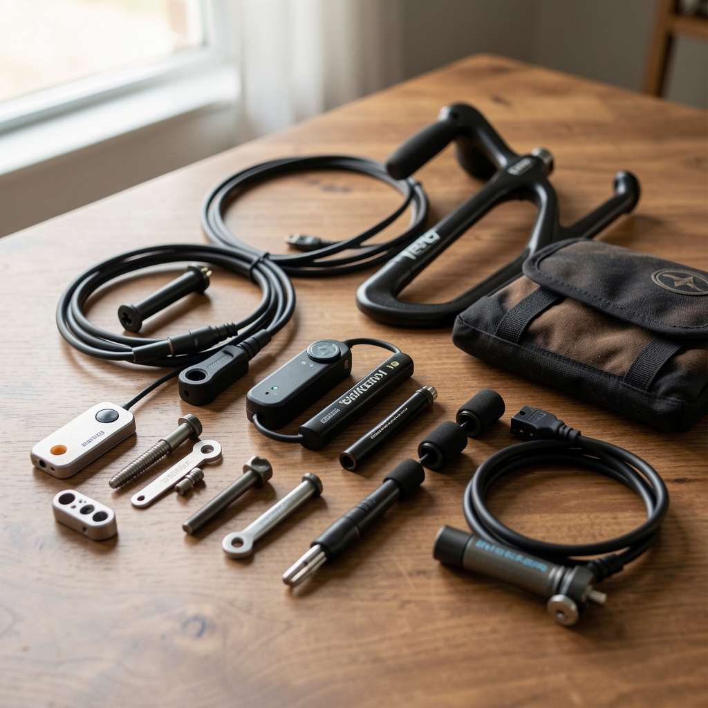 Conjunto de accesorios electrónicos para bicicleta ordenados sobre una mesa