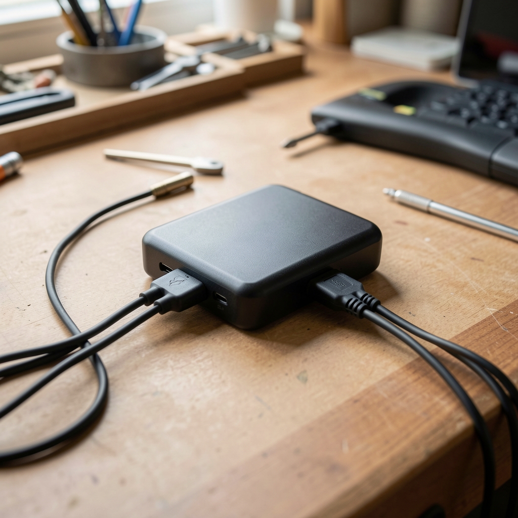 Cargador portátil con cables conectados sobre superficie de trabajo