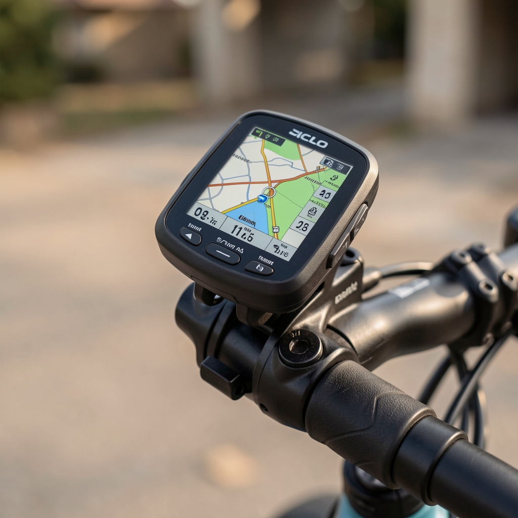 Ciclocomputador digital con GPS integrado sobre un soporte de manubrio