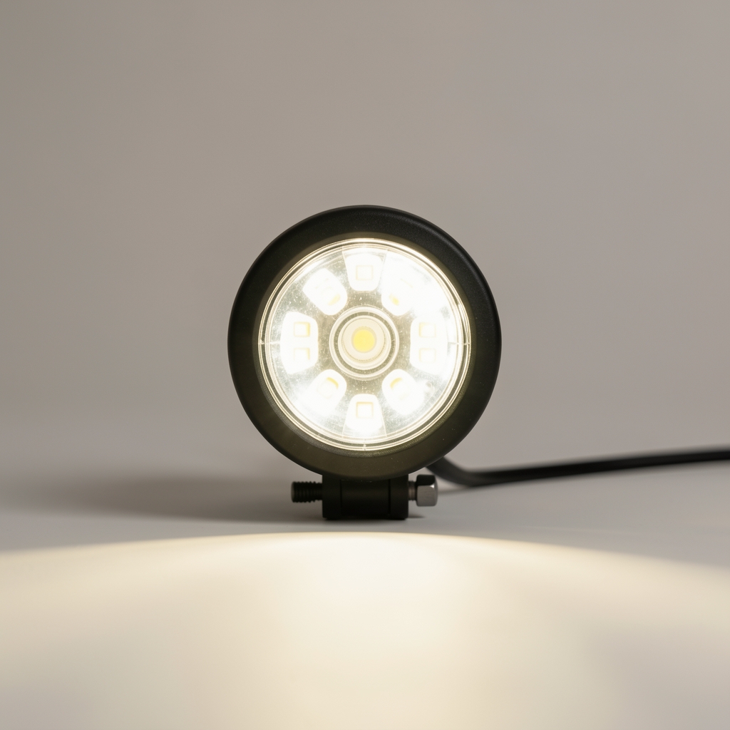 Luz LED delantera para bicicleta encendida sobre fondo neutro