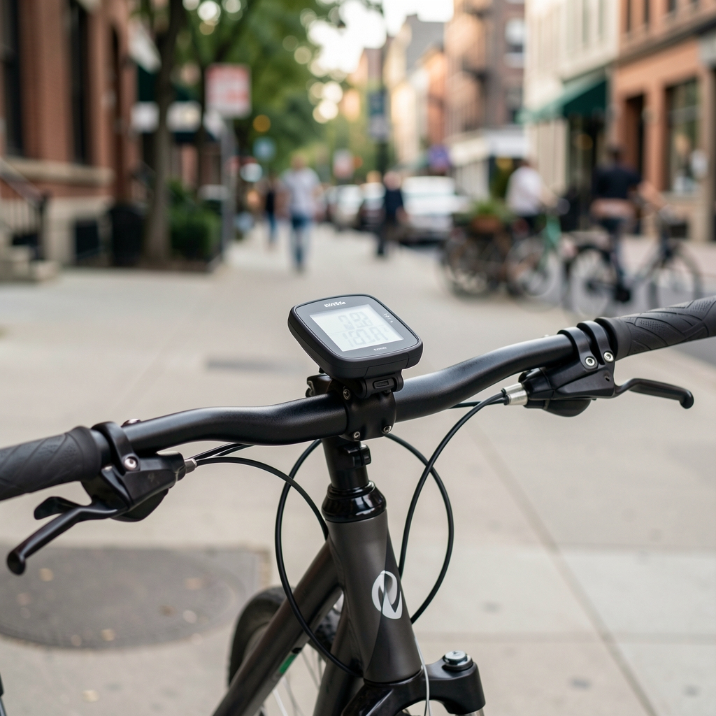 Ciclocomputador con pantalla digital instalado en el manubrio de una bicicleta urbana