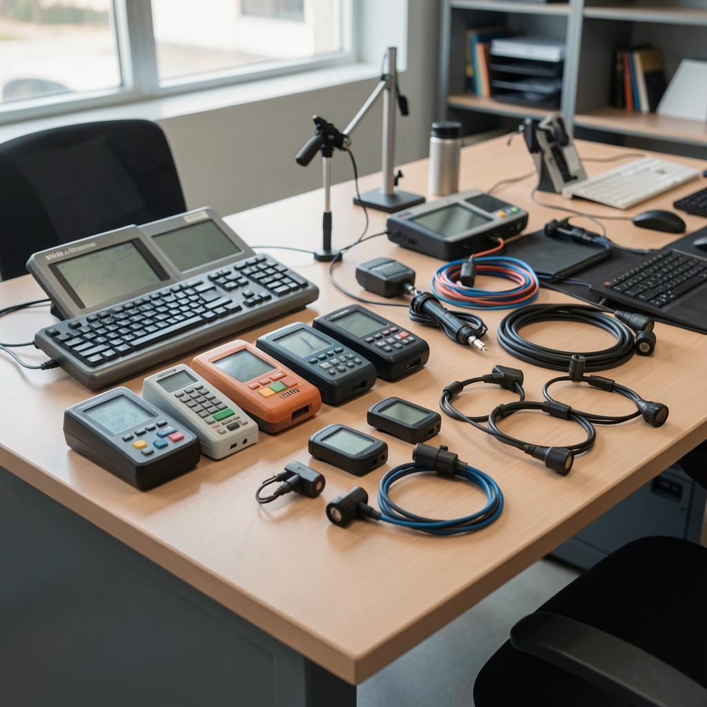 Mesa de trabajo técnico con ciclocomputadores y sensores de bicicleta organizados para análisis comparativo
