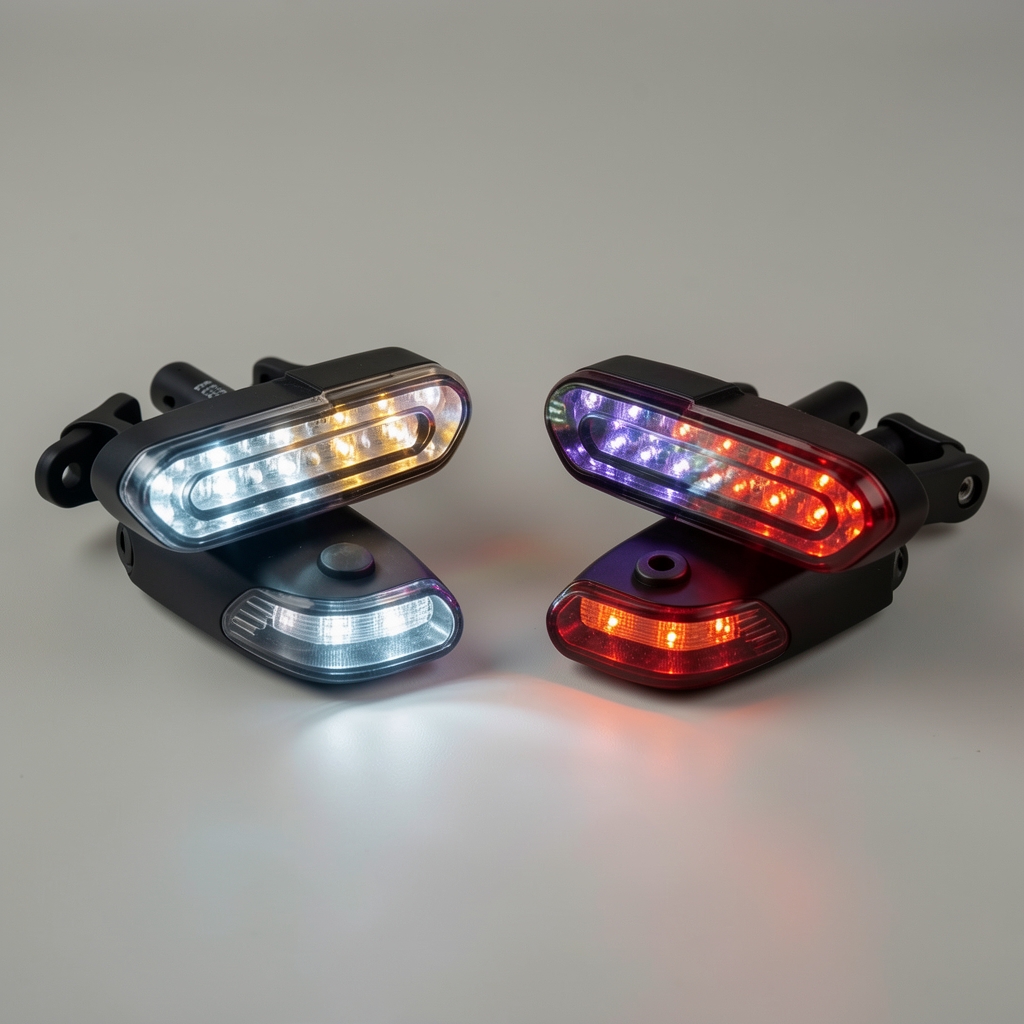 Conjunto de luces LED delanteras y traseras para bicicleta dispuestas sobre superficie neutra para prueba de autonomía