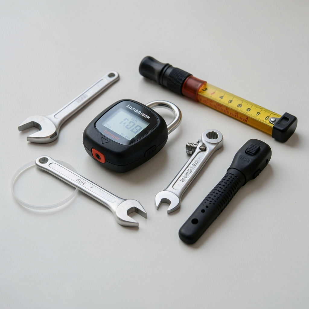 Localizador GPS compacto y candado electrónico para bicicleta junto a herramientas de medición