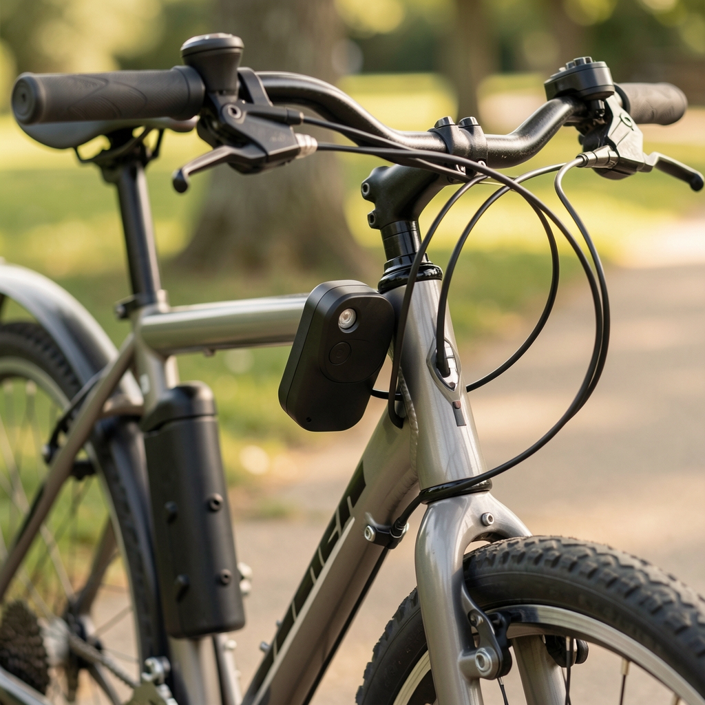Alarma de movimiento compacta sujeta al cuadro de una bicicleta estacionada