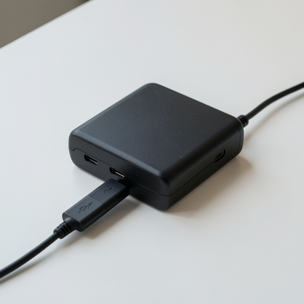 Cargador portátil con cable USB conectado sobre superficie clara