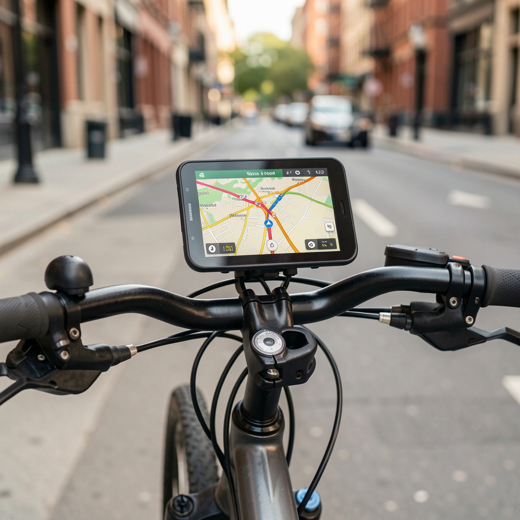 Navegador GPS con pantalla de mapa de ruta montado en el manubrio de una bicicleta urbana