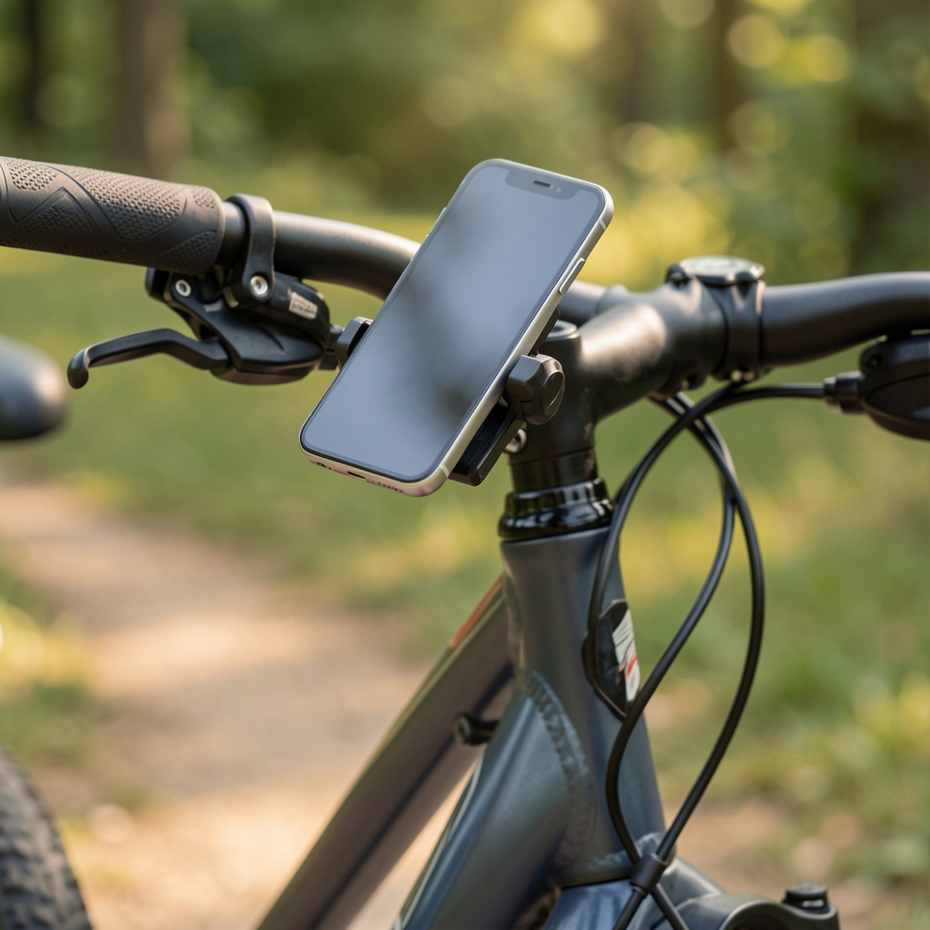 Soporte de teléfono giratorio sujeto al manubrio de una bicicleta