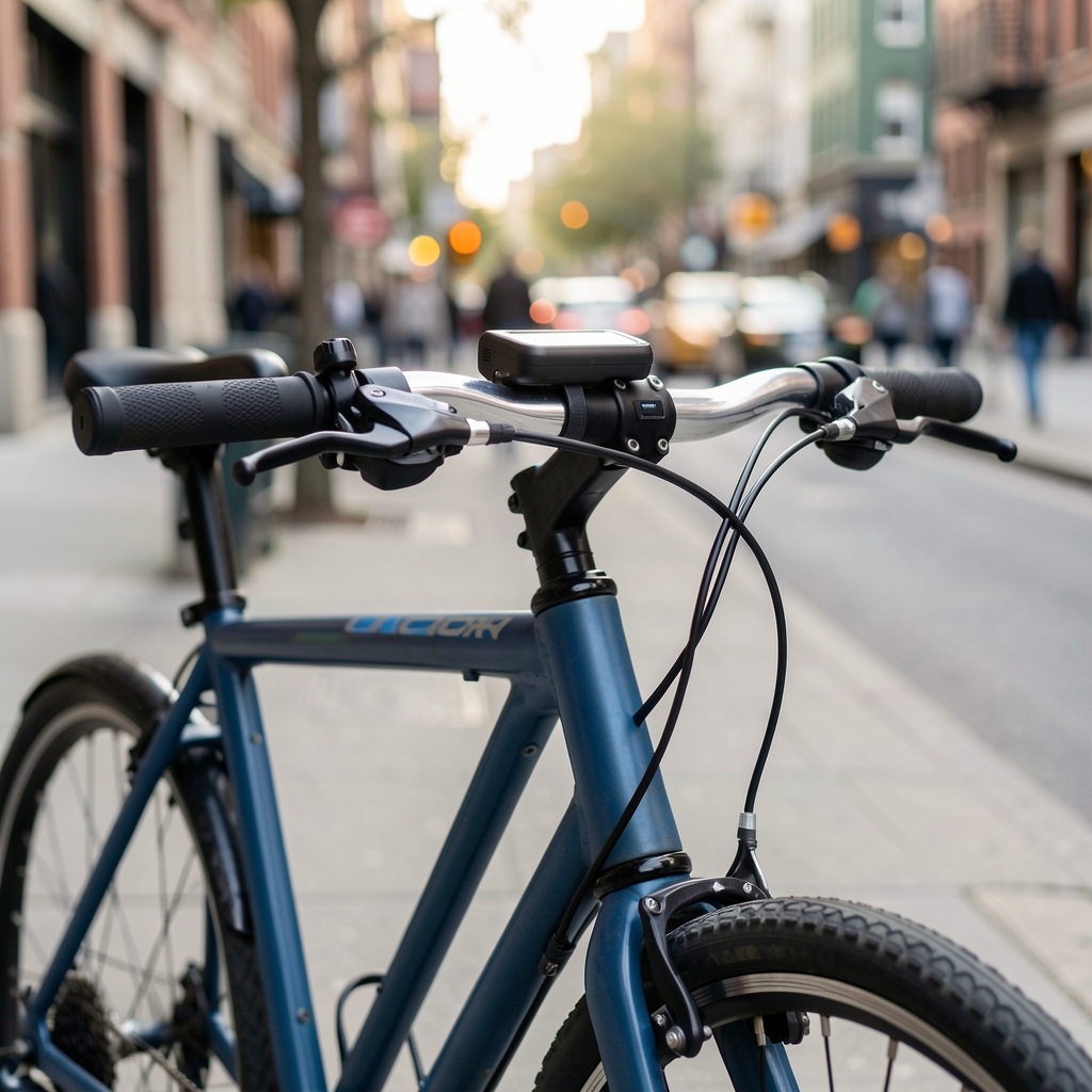 Timbre digital electrónico instalado en el manubrio de una bicicleta urbana